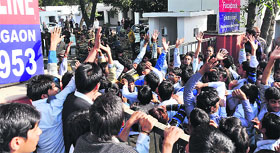Students of ITI protest against bus drivers of Haryana Roadways in front of the Commissioners office in Gurgaon on Thursday.