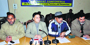 Members of the AJKPC address mediapersons in Srinagar on Thursday. 