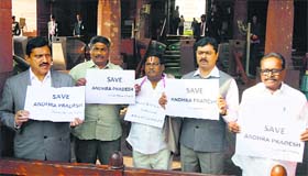 Telugu Desam Party MPs during a protest at Parliament on Thursday