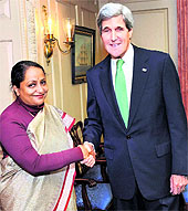 US Secretary of State John Kerry and Indian Foreign Secretary Sujatha Singh in Washington on Tuesday