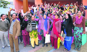 Members of the EGS Teachers Union raise slogans against the Punjab Government at the Teachers Home in Bathinda on Friday.