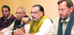In charge of the BJP affairs in Uttarakhand and parliamentarian Radha Mohan Singh addresses mediapersons in Dehradun on Friday. A Tribune photograph