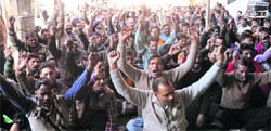 Roadways employees hold a demonstration in support of their demnads in Dehradun on Friday. A Tribune photograph 