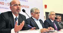 Akshay Kumar, president of the Adventure Tour Operators Association of India, addresses a press conference in Dehradun on Friday. A Tribune photograph 