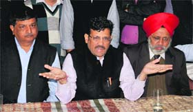 BJP state president Kamal Sharma interacts with mediapersons in Bathinda on Saturday