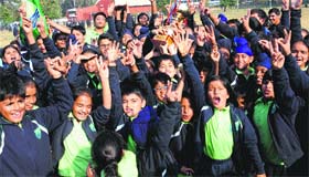 Students in a jubilant mood after winning trophies during their athletic meet at Sports Cpmplex, Sector 7, Chandigarh, on Saturday