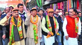 Former BJP Chief Minister BC Khanduri, along with other party leaders, holds a road show in support of Modis rally in Dehradun on Saturday