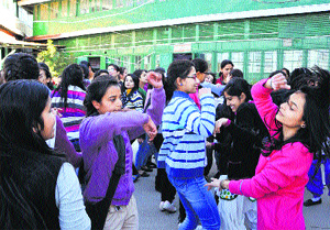 Students take part in a dance event at RKMV College in Shimla on Saturday. 