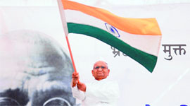 Social activist Anna Hazare during the fifth day of his indefinite hunger strike at Ralegan Siddhi on Saturday.