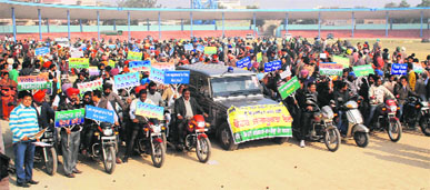 Volunteers gather for the voter awareness rally in Bathinda on Sunday.