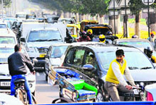 Vehicles caught in a traffic jam at the Sector 27/20 roundabout in Chandigarh on Sunday.