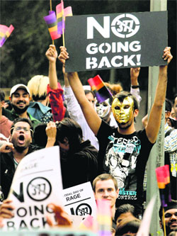 LGBT activists protesting against the Supreme Court judgment on Section 377 at Jantar Mantar in New Delhi on Sunday.