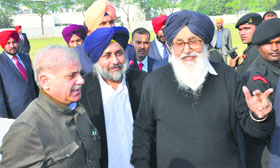 (From left) Pakistan Punjab CM Shahbaz Sharif, Deputy Chief Minister Sukhbir Badal and Chief Minister Parkash Singh Badal at Badal village on Sunday.