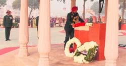 An Army officer lays a wreath to commemorate the martyrdom of valiant soldiers in Bathinda on Monday. a tribune photograph