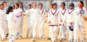Members of the LIC Cricket Club in a jubilant mood after winning the finals of the Junior State Cricket Women Tournament (U-19) for Kedar Nath Memorial Trophy in Chandigarh on Monday.