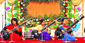 Students of Dev Samaj College play classical music on the 163rd birth anniversary of Bhagwan Dev Atma at Sector 36 in Chandigarh on Monday.