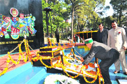 CM Virbhadra Singh lays a wreath at the War Memorial in Dharamsala on Monday. 