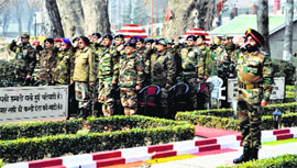 GOC of 15 Corps Lt General Gurmit Singh along with senior Army officers pay tributes to martyrs at the war memorial at Badami Bagh cantonment in Srinagar.