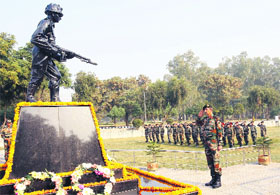 GoC of 16 Corps Lt General DS Hooda pays tribute to martyrs at the Nagrota war memorial in Jammu on Monday.