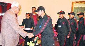 Students from Bhaderwah interact with Governor NN Vohra at Raj Bhawan in Jammu on Monday.