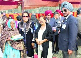 Lt General KJ Singh of 63rd Cavalry honours the family of veterans of the regiment during the 42nd Battle Honour Day celebrations at Khasa near Amritsar on Monday