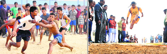 Students in action during kabaddi trials; and (right) a girl takes part in the long jump event at the Multipurpose Stadium in Bathinda on Tuesday. 