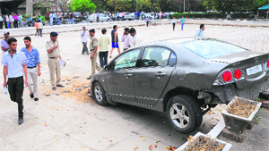 The car that met with an accident on the Panjab University campus. 