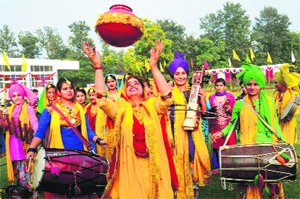 Students of the Dev Samaj College for Women, Ferozepur, present an item during the Dev Samaj Mahotsava, Sector 36, Chandigarh.