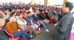 Suryakant Dhasmana, Uttarakhand Congress vice-president, addresses state roadways employees at a function held in Dehradun on Tuesday. 