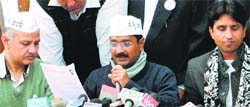 AAP convener Arvind Kejriwal addresses mediapersons in Ghaziabad on Tuesday. PTI