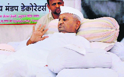Social activist Anna Hazare during his indefinite hunger strike in Ralegan Siddhi, Ahmednagar, on Tuesday.
