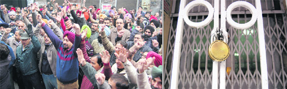 (Left) Bank employees shout slogans while demanding hike in salary in Amritsar on Wednesday; and (right) A locked gate of a bank in view of the strike observed by employees of nationalised banks.