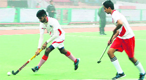 Players in action during the 11th All-India Maharaja Ranjeet Singh Junior Gold Cup Hockey Tournament at GNDU in Amritsar. 