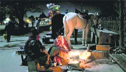 Tourists gather around a bonefire to beat the chill in Shimla. Photo: Amit Kanwar