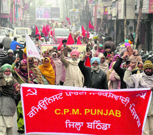 Activists of the CPM hold a protest march against the Punjab Government in Bathinda on Thursday.