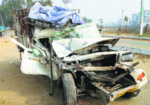Mangled remains of the vehicle that collided with a bus in Yamunanagar on Thursday. 