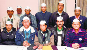 Activists of the Aam Aadmi Party address mediapersons in Una on Wednesday.