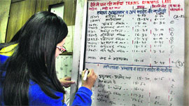 Railway staff makes changes in the arrival and departure time of trains due to fog on the display board at the Jalandhar city railway station on Thursday.