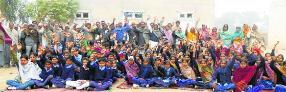 Students and Noorshah villagers protesting outside Government Middle School in Fazilka district on Thursday. 