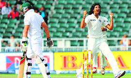 Ishant Sharma is delighted after removing Hashim Amla and Jacques Kallis in successive balls to bring India back in the game at the Wanderers on Thursday.