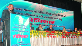 Chief Minister Vijay Bahuguna addresses a gathering during a workshop organised by the State Human Rights Commission in Dehradun on Friday.