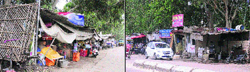 Illegal kiosks on the busy Garha Road lead to traffic congestion; and (right) illegal kiosks erected with the support of the Punjab Roadways depot wall in Jalandhar on Friday. 