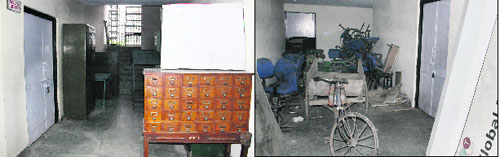 Books of the Sports College Library moved to a small dank room as a makeshift arrangement; and (right) discarded furniture lying outside a classroom of the college in Jalandhar on Friday. 