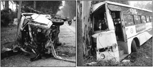 The mangled remains of a Tata Magic which was hit by a bus (right) near Bassi village, Banur, on Saturday.