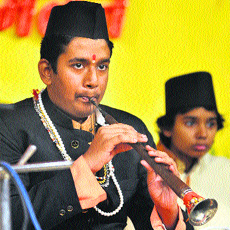 Shehnai virtuoso Bhaskar Nath performs at the Harivallabh Sangeet Sammelan in Jalandhar on Friday.