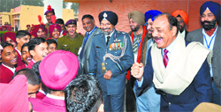 Air Marshal Ramesh Rai (right) and Air Marshal Paramjit S Gill with cadets of Sainik School during an alumni meet in Kapurthala on Saturday. Tribune Photo: Malkiat Singh