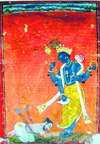 A devotee bends at the feet of VishnuFolio from a Book of Dreams Pahari; end of 17th century Museum of Fine Arts, Boston