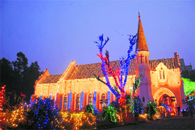 A view of the illuminated St Pauls Church ahead of Christmas in Amritsar on Sunday.
