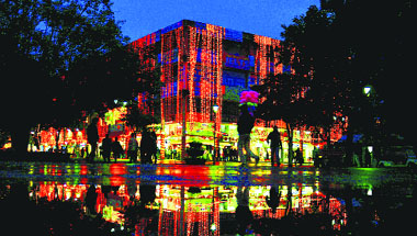 The Sector 17 Plaza looks perfect in its reflection following showers on Sunday.