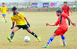 A match being played during in the Swami Vivekananda Memorial District-Level Football Tournament at Pavillion Ground in Dehradun on Sunday